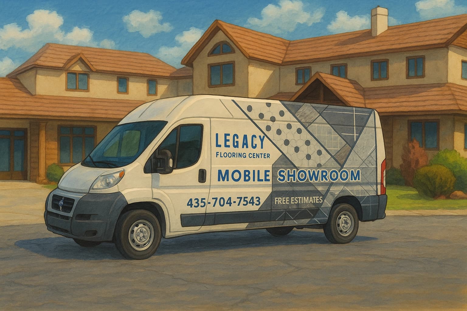 Legacy Flooring mobile showroom van in a painting style